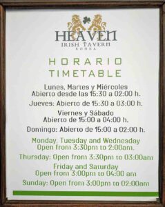 Heaven Irish bar in Ronda opening hours
